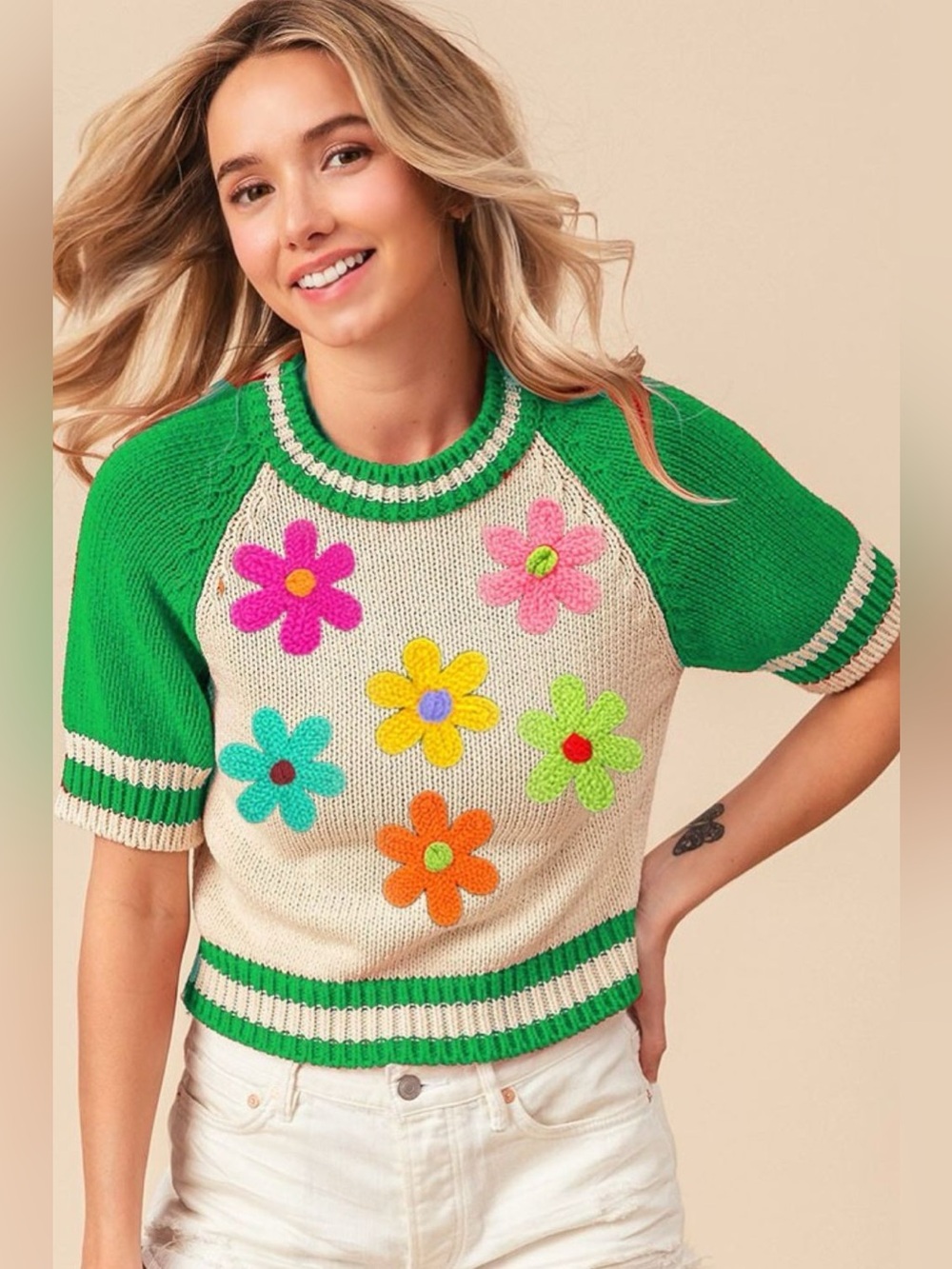 BiBi Crochet Flower Patches Striped Rib Band Sweater
